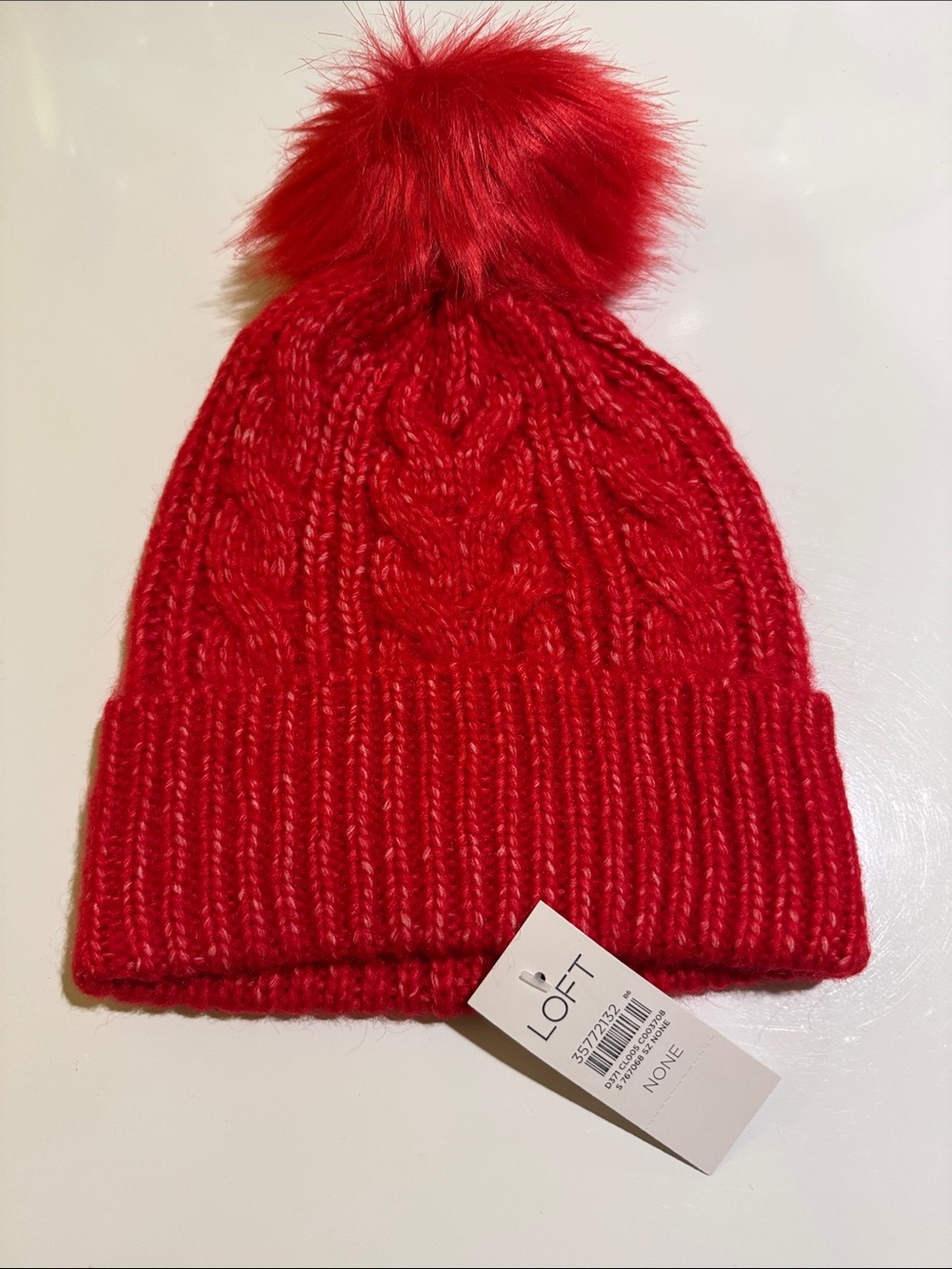 LOFT Bright Red Cable-Knit Pom Hat